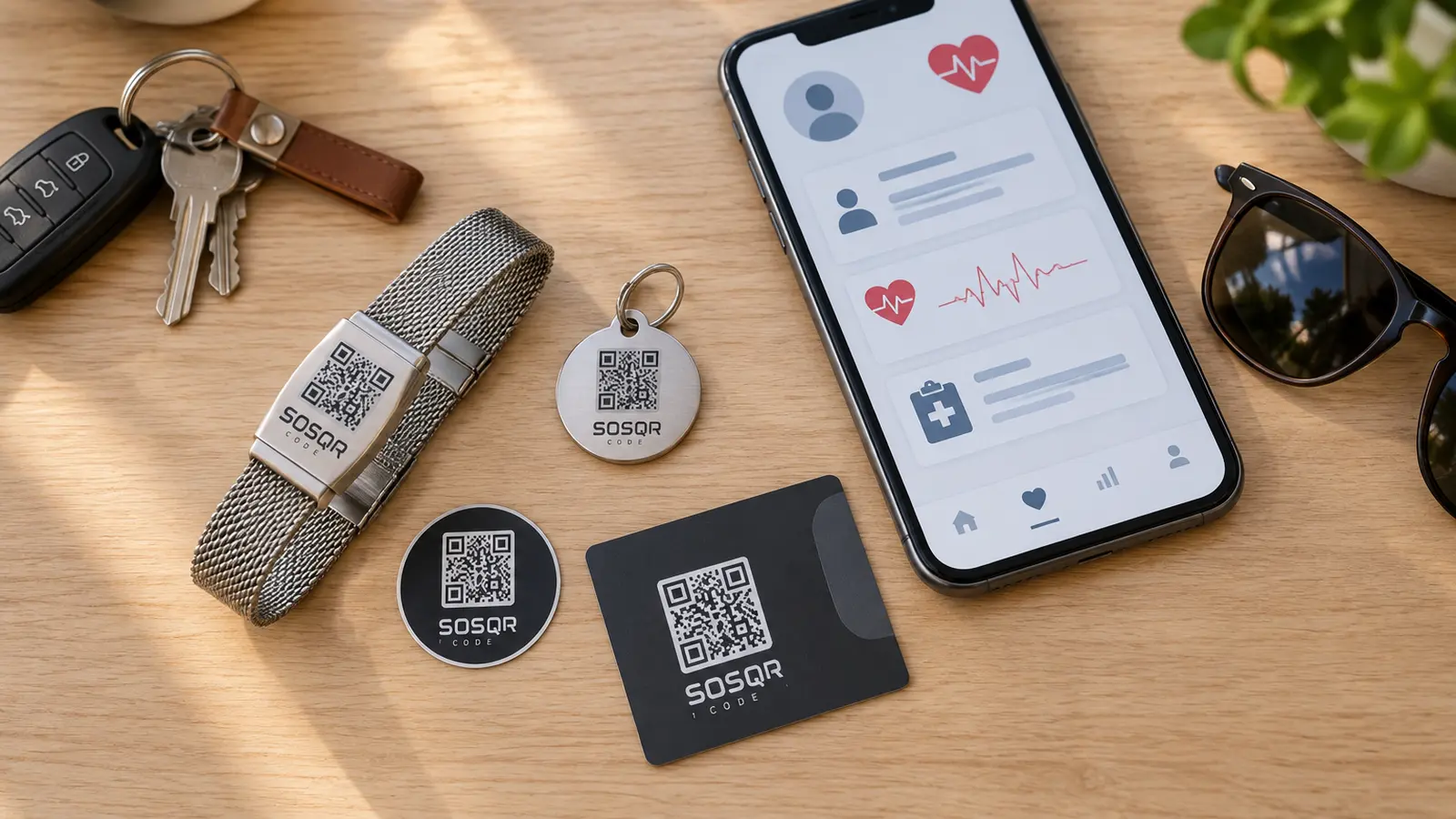 Produtos SOS QR Code: pulseira, tag pet, adesivo e cartão com QR Code sobre mesa de madeira