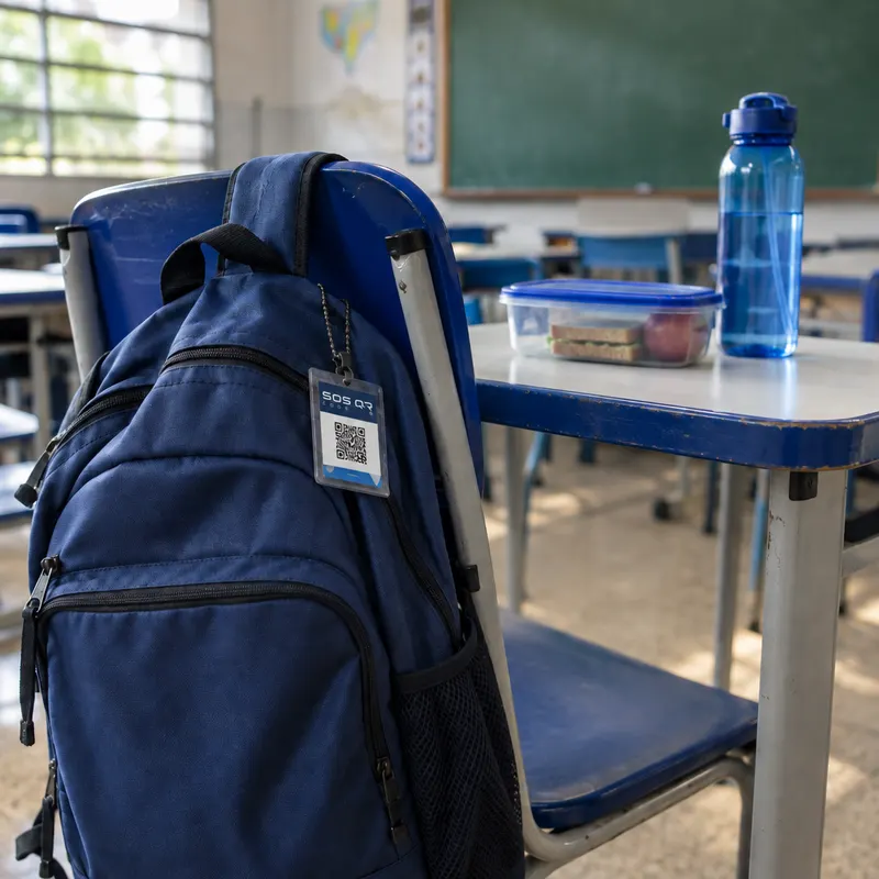 Cartão com QR Code costurado na alça de mochila escolar em sala de aula brasileira