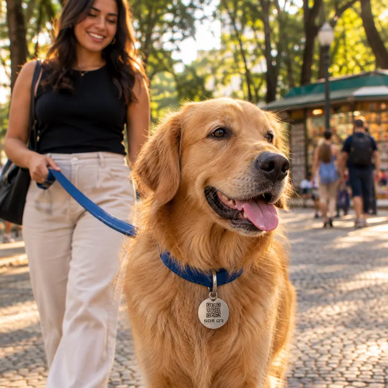 Golden retriever com tag de QR Code na coleira em praça brasileira