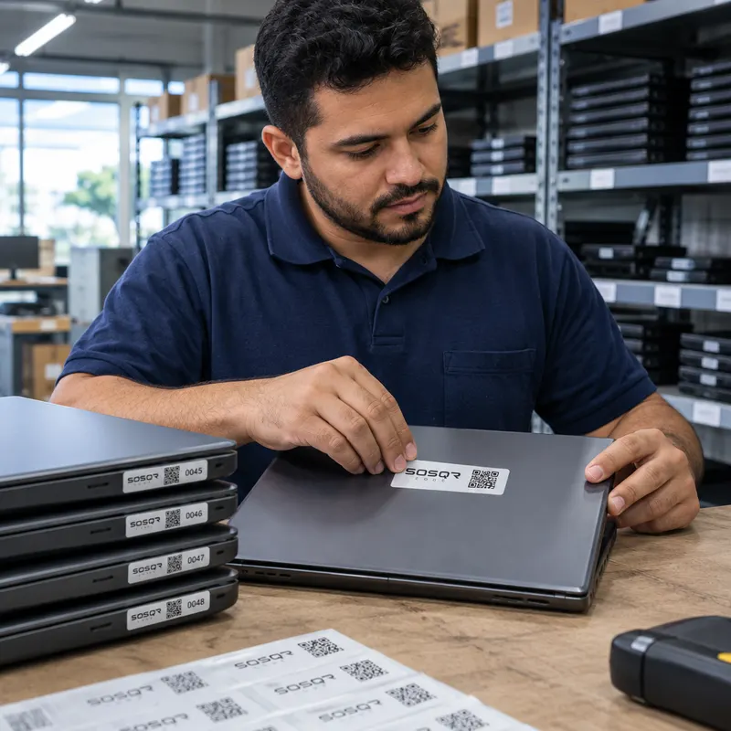 Técnico aplica etiqueta de patrimônio com QR Code em notebook de empresa