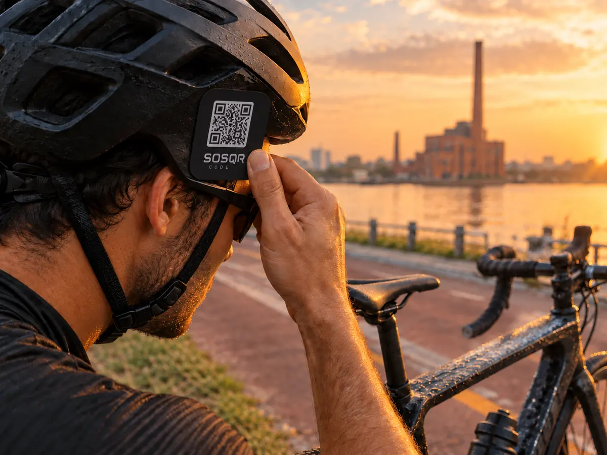 Ciclista ajusta etiqueta com QR Code no capacete na orla de Porto Alegre