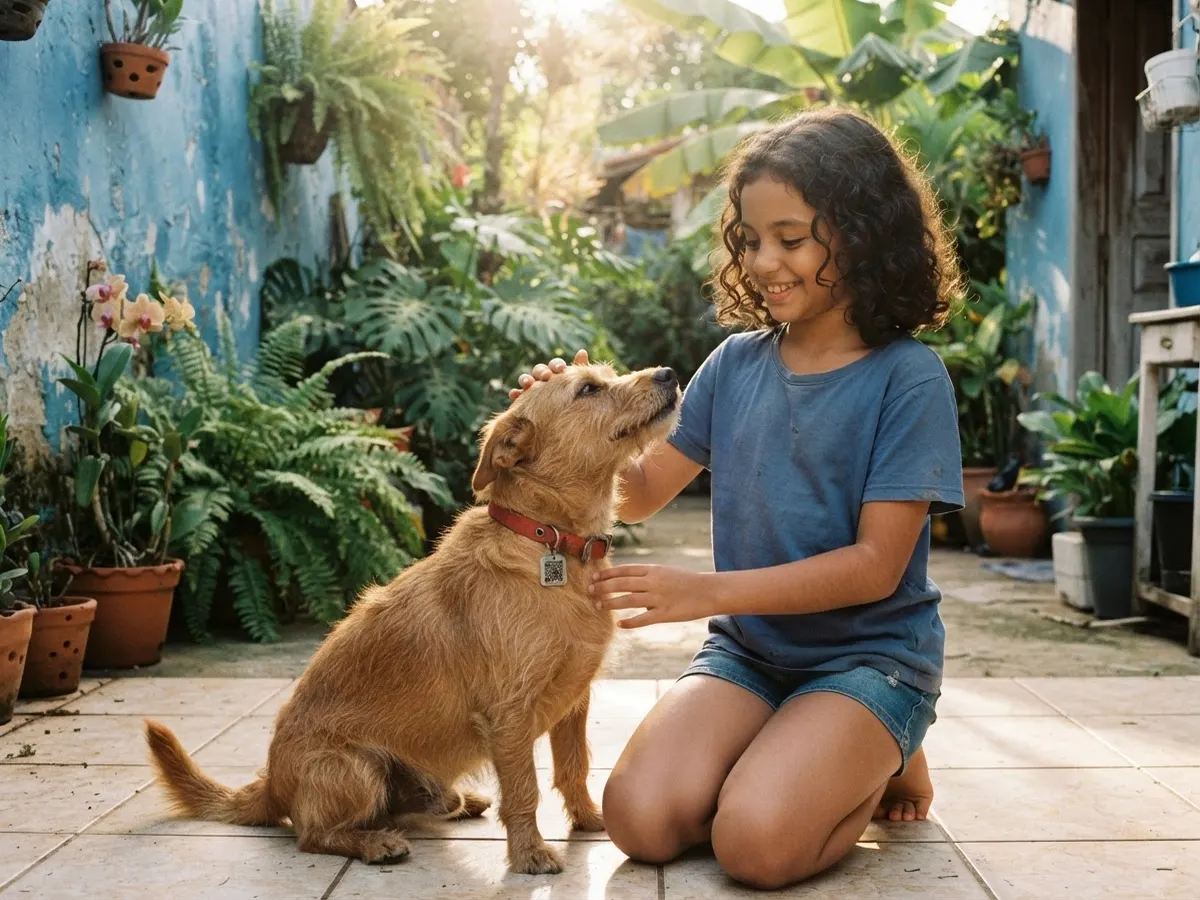 Menina acaricia cachorro com tag de QR Code no quintal de casa brasileira