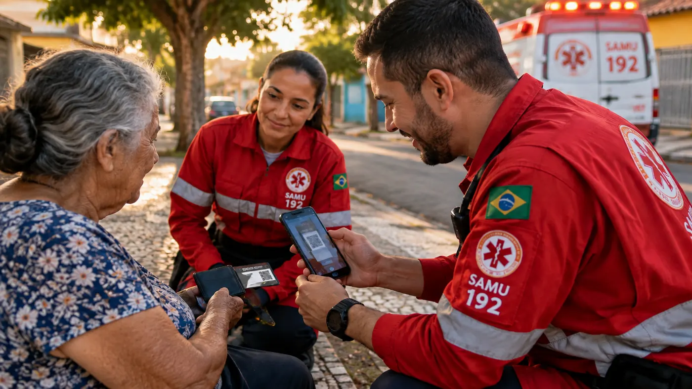 Socorristas do SAMU escaneiam com o celular o cartão com QR Code de emergência de uma senhora sentada na calçada