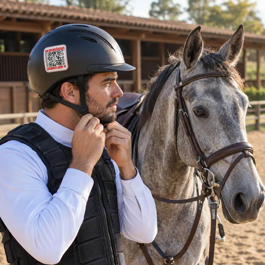 Cavaleiro ajusta o capacete com adesivo de QR Code de emergência ao lado do seu cavalo no haras
